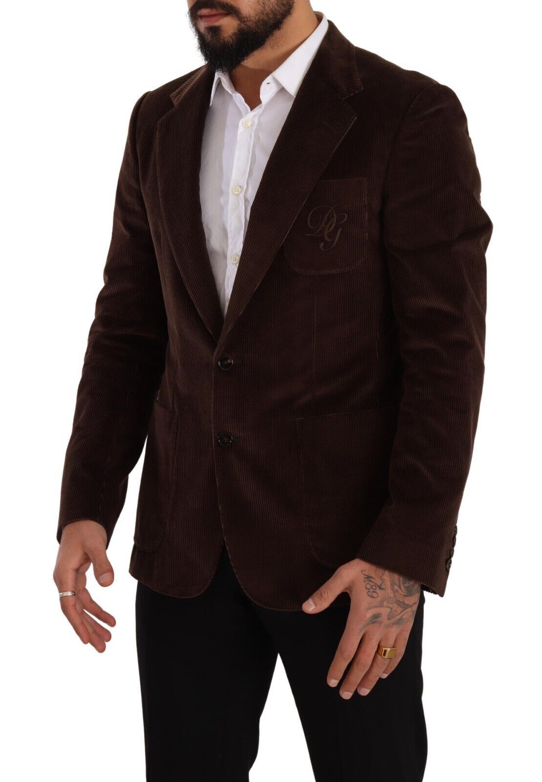 Dolce &amp; Gabbana Brown Corduroy Slim Fit Coat DG Logo Blazer