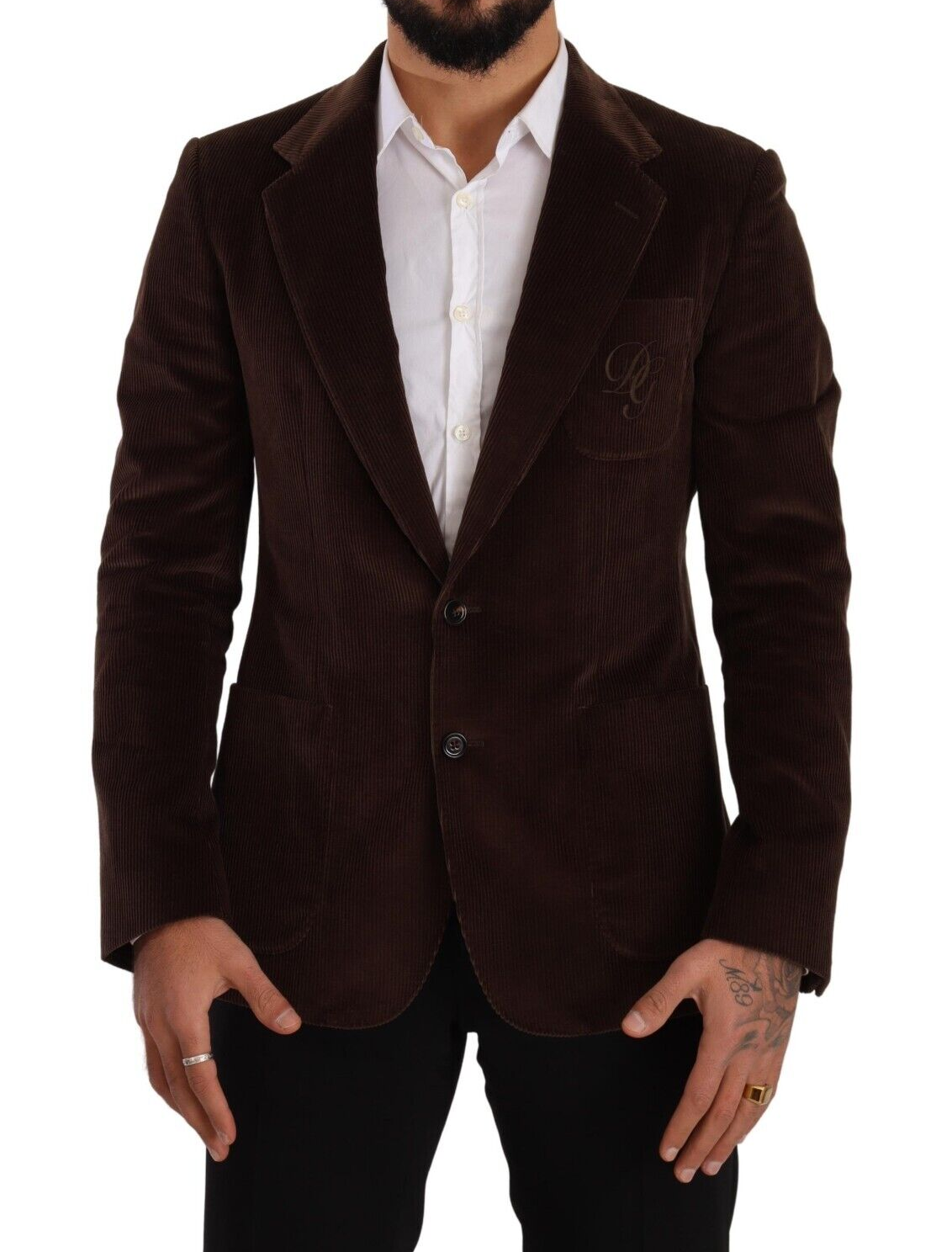 Dolce &amp; Gabbana Brown Corduroy Slim Fit Coat DG Logo Blazer