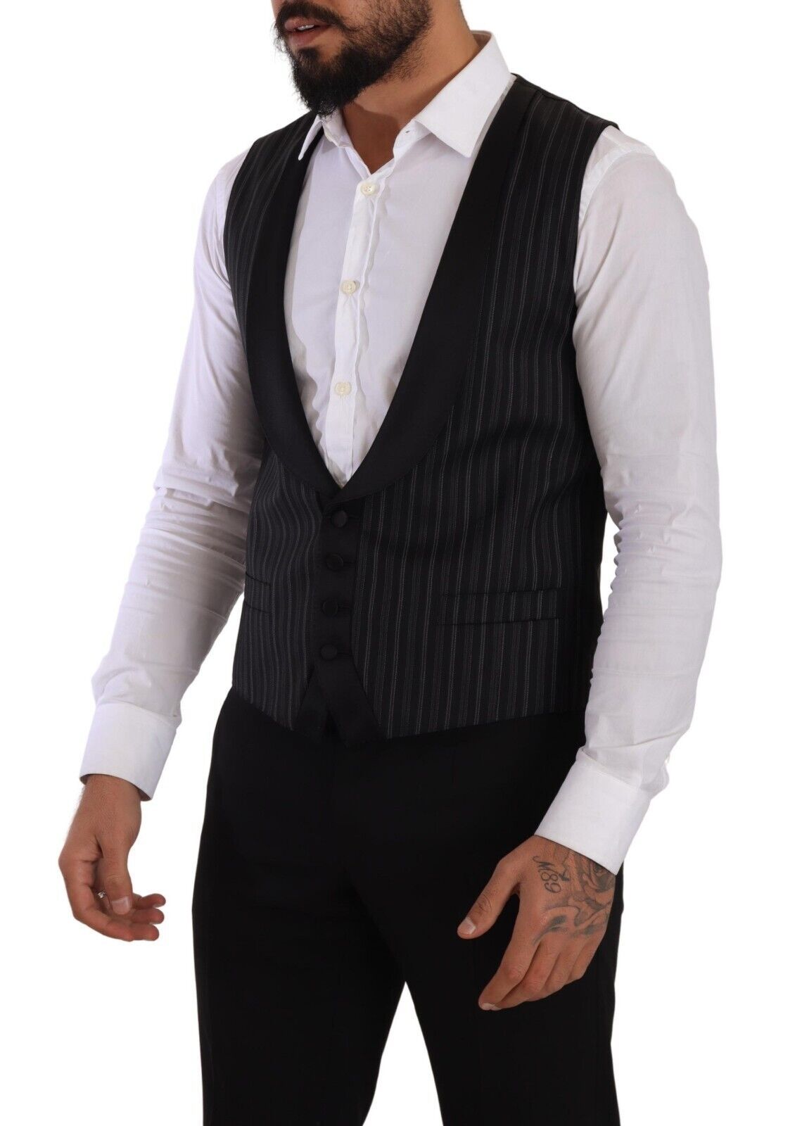 Dolce &amp; Gabbana Black Striped Wool Silk Waistcoat Vest