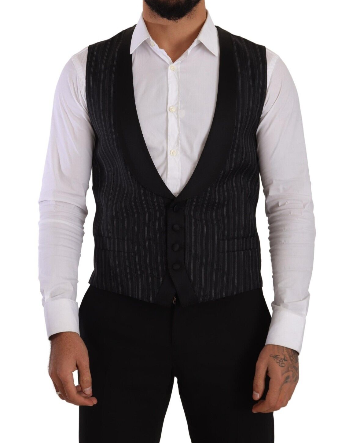 Dolce &amp; Gabbana Black Striped Wool Silk Waistcoat Vest