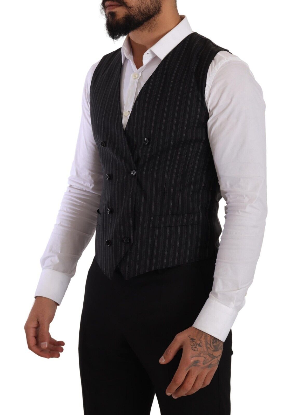 Dolce &amp; Gabbana Gray Striped Double Breasted Waistcoat Vest