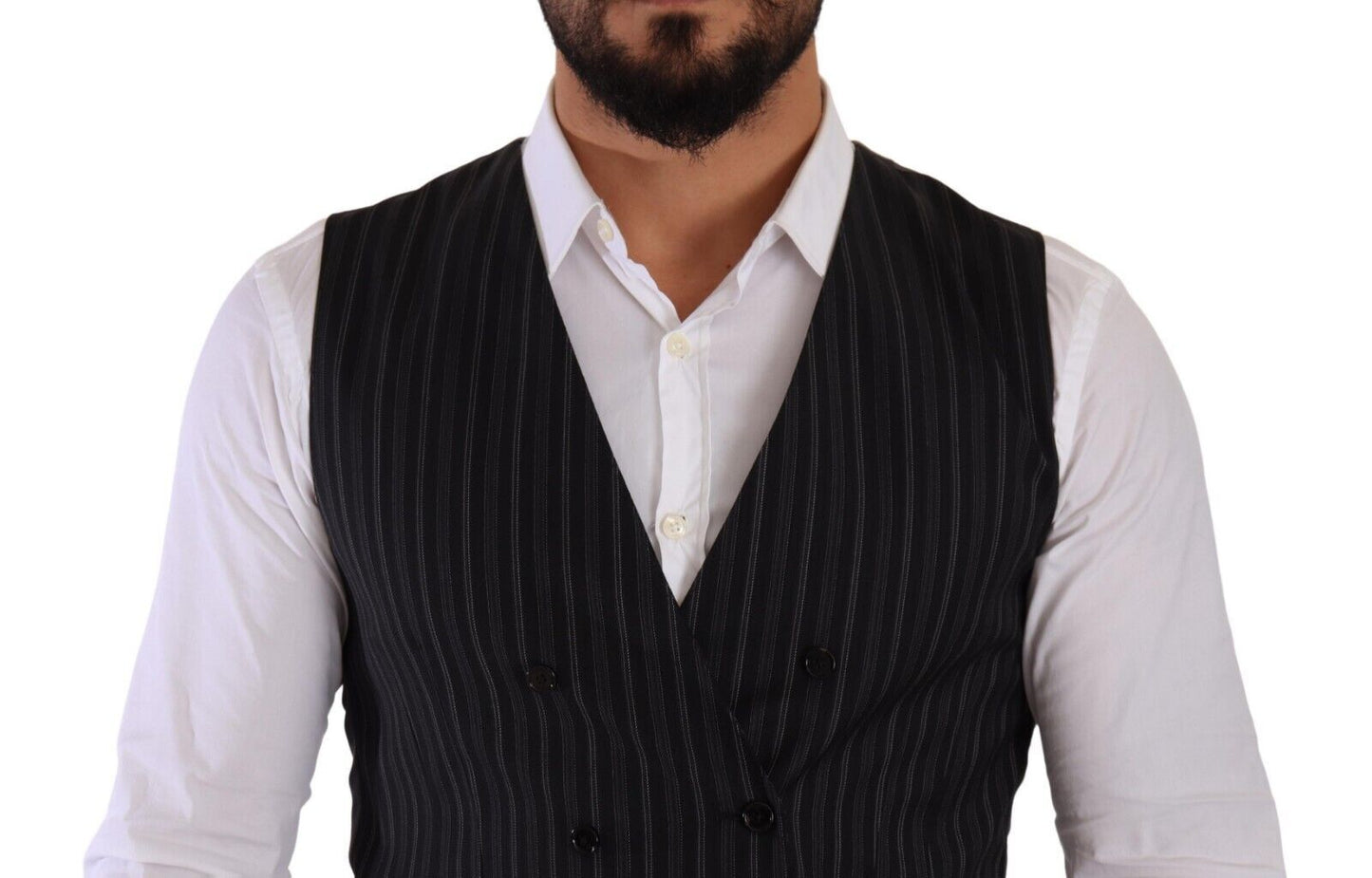 Dolce &amp; Gabbana Gray Striped Double Breasted Waistcoat Vest