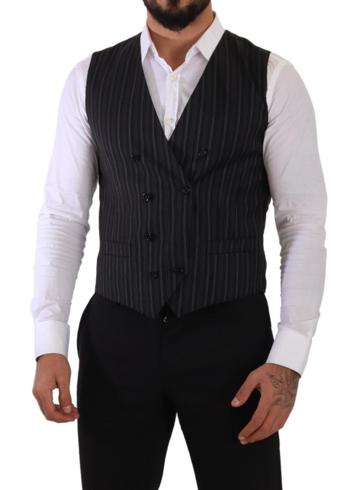 Dolce &amp; Gabbana Gray Striped Double Breasted Waistcoat Vest