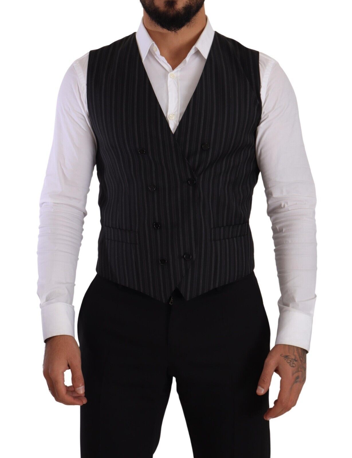 Dolce &amp; Gabbana Gray Striped Double Breasted Waistcoat Vest