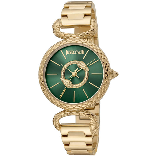 Just Cavalli women's watch in gold-tone steel with a snake bezel