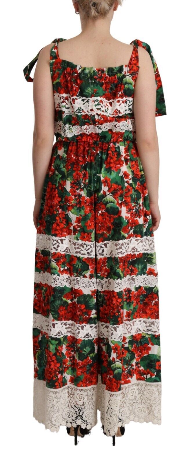 Dolce &amp; Gabbana Multicolor Geranium Print Lace Long Maxi Dress