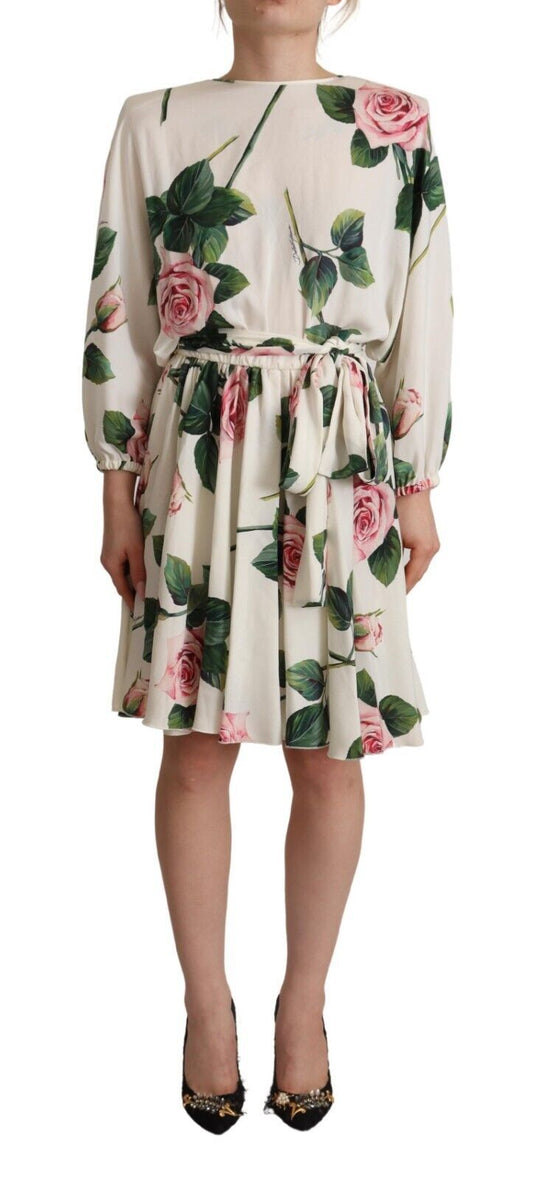 Dolce &amp; Gabbana White Rose Print Long Sleeves A-line Dress