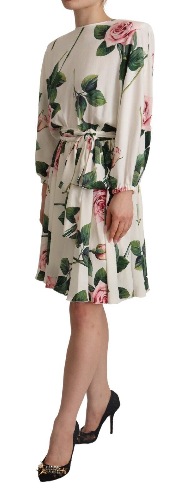 Dolce &amp; Gabbana White Rose Print Long Sleeves A-line Dress