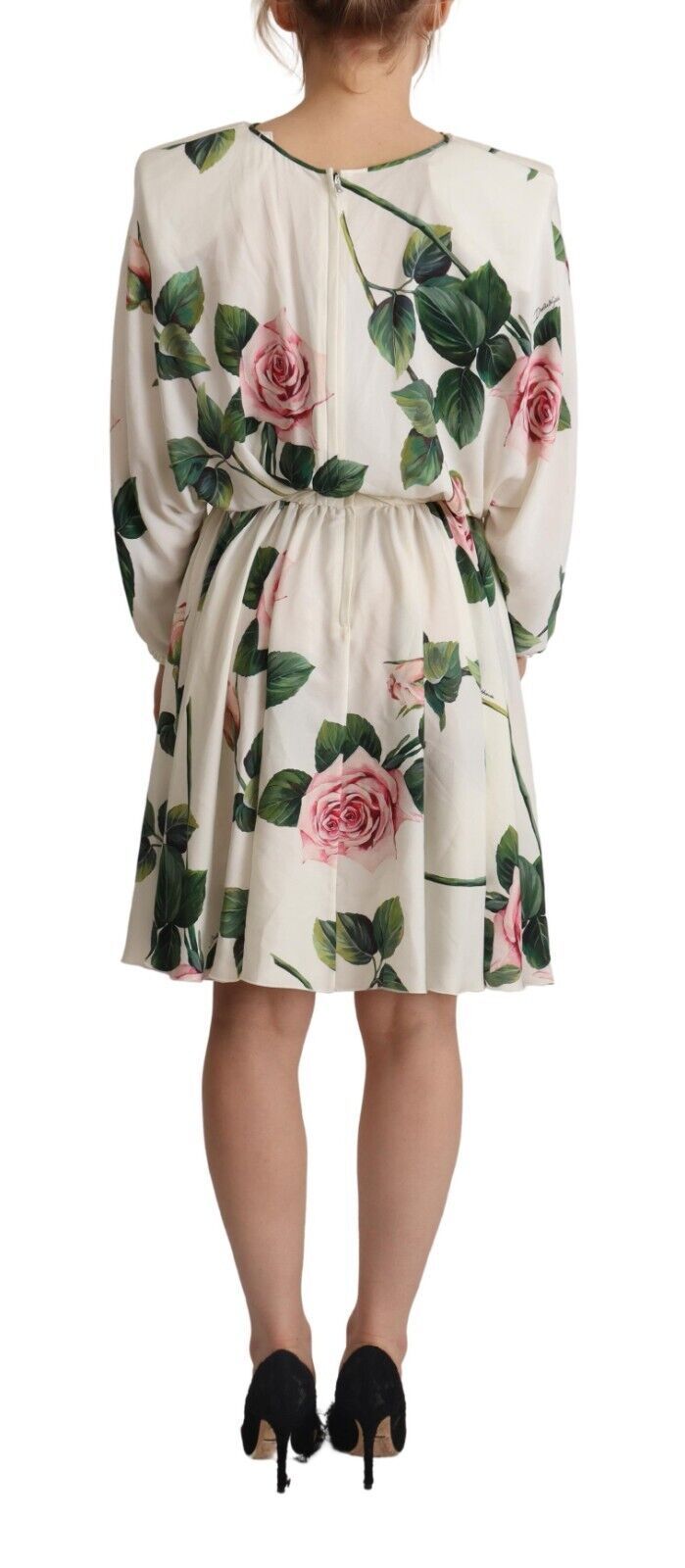 Dolce &amp; Gabbana White Rose Print Long Sleeves A-line Dress