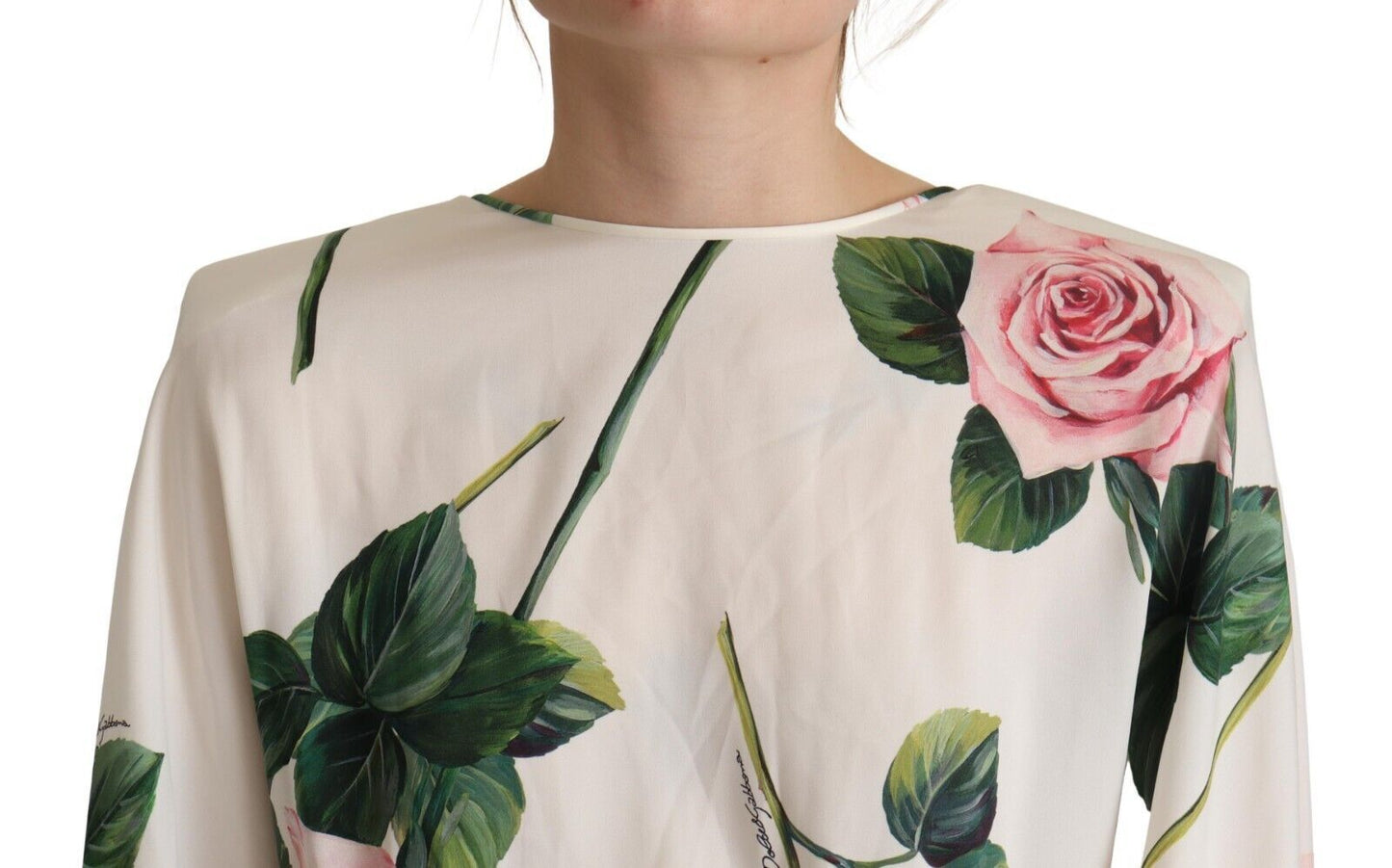 Dolce &amp; Gabbana White Rose Print Long Sleeves A-line Dress