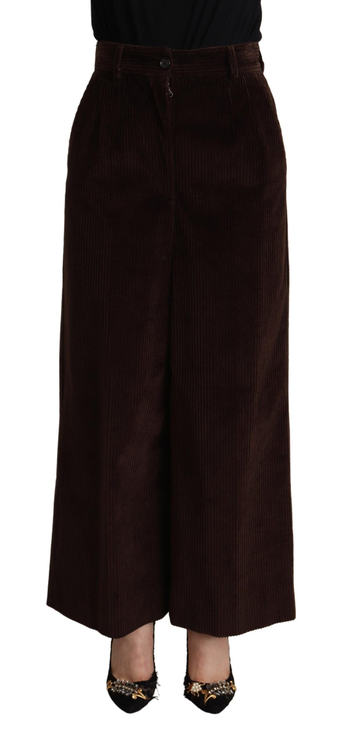 Dolce &amp; Gabbana Black Cotton High Waist Trouser Wide Leg Pants