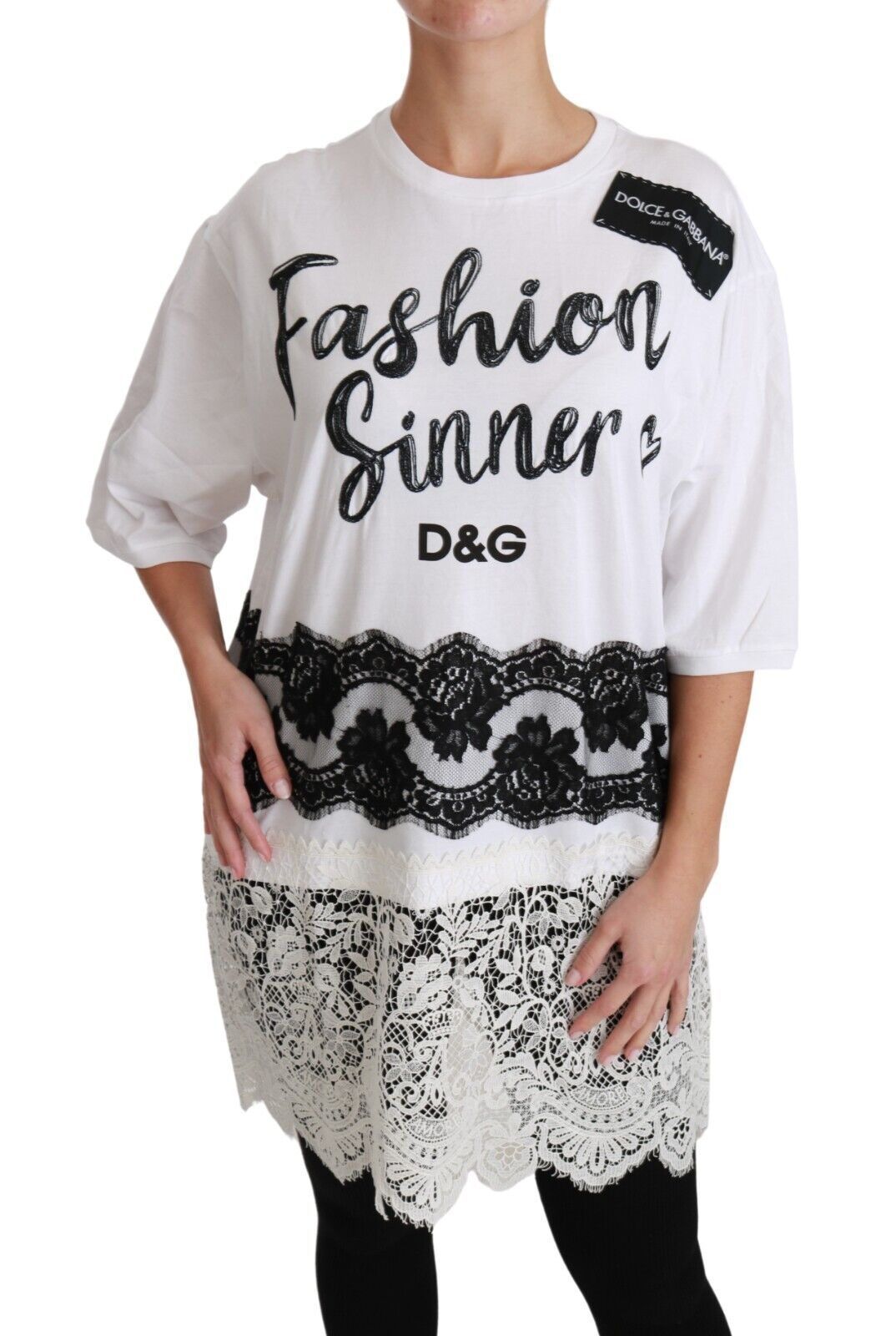 Dolce &amp; Gabbana White Fashion Sinner Cotton Lace T-shirt Top