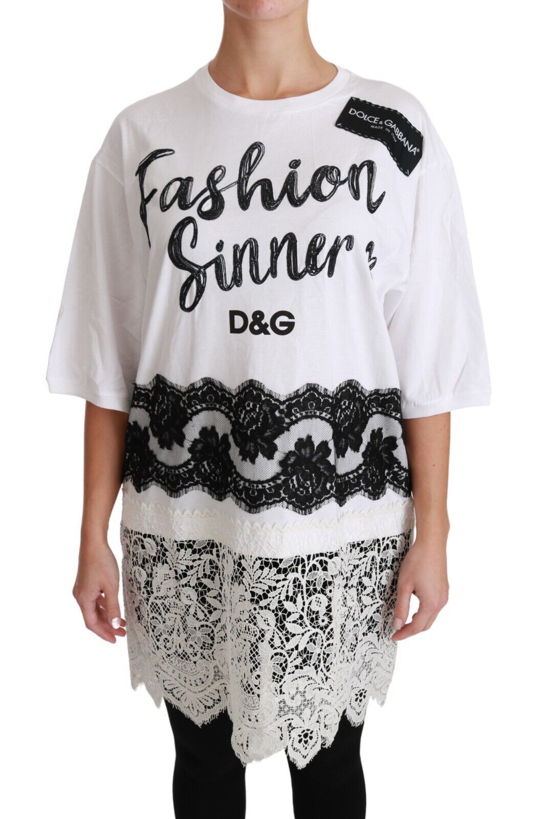 Dolce &amp; Gabbana White Fashion Sinner Cotton Lace T-shirt Top