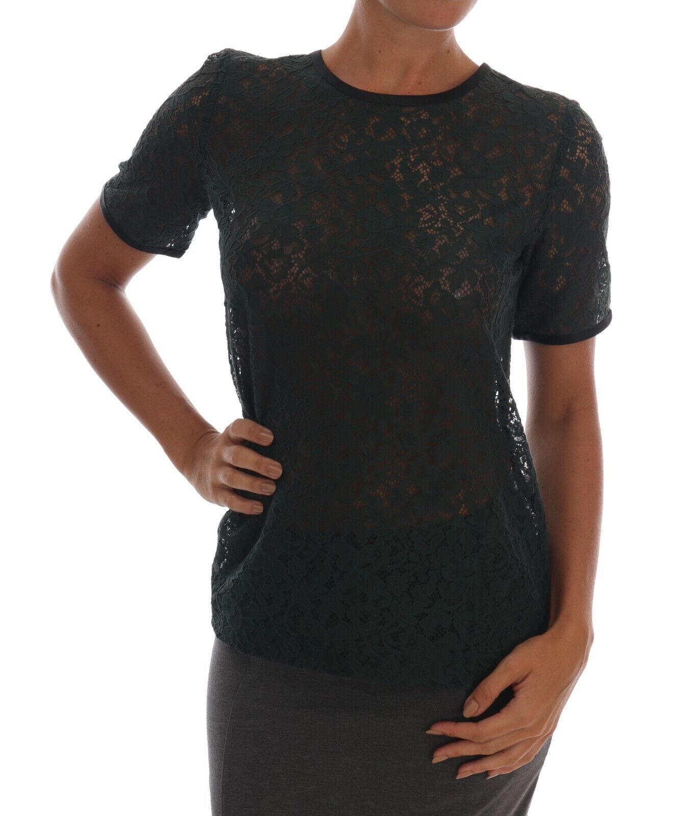 Dolce & Gabbana Dark Green Floral Lace Short Sleeve Blouse