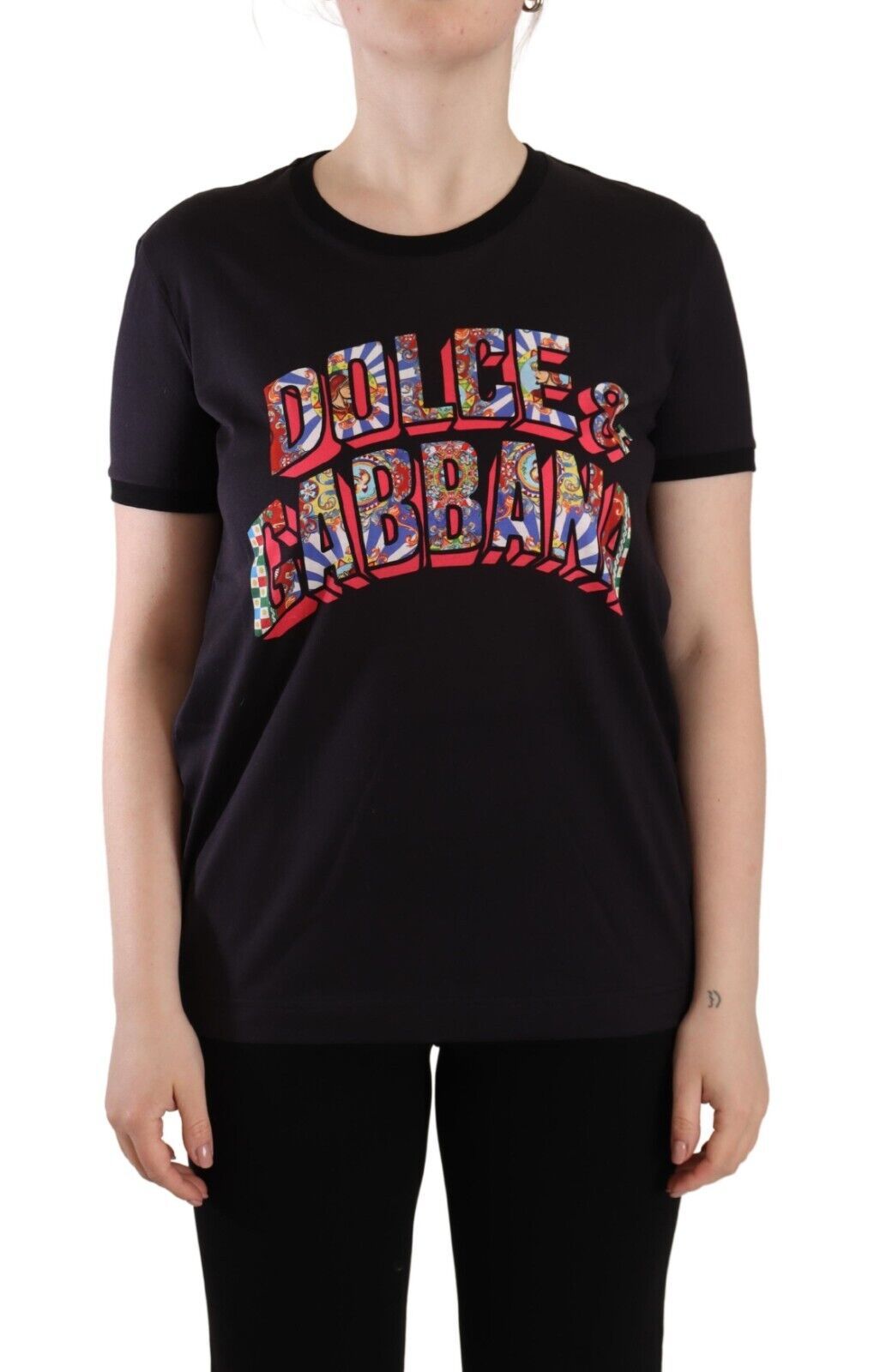 Dolce &amp; Gabbana Black Logo Print Cotton Crew Neck Tee T-shirt