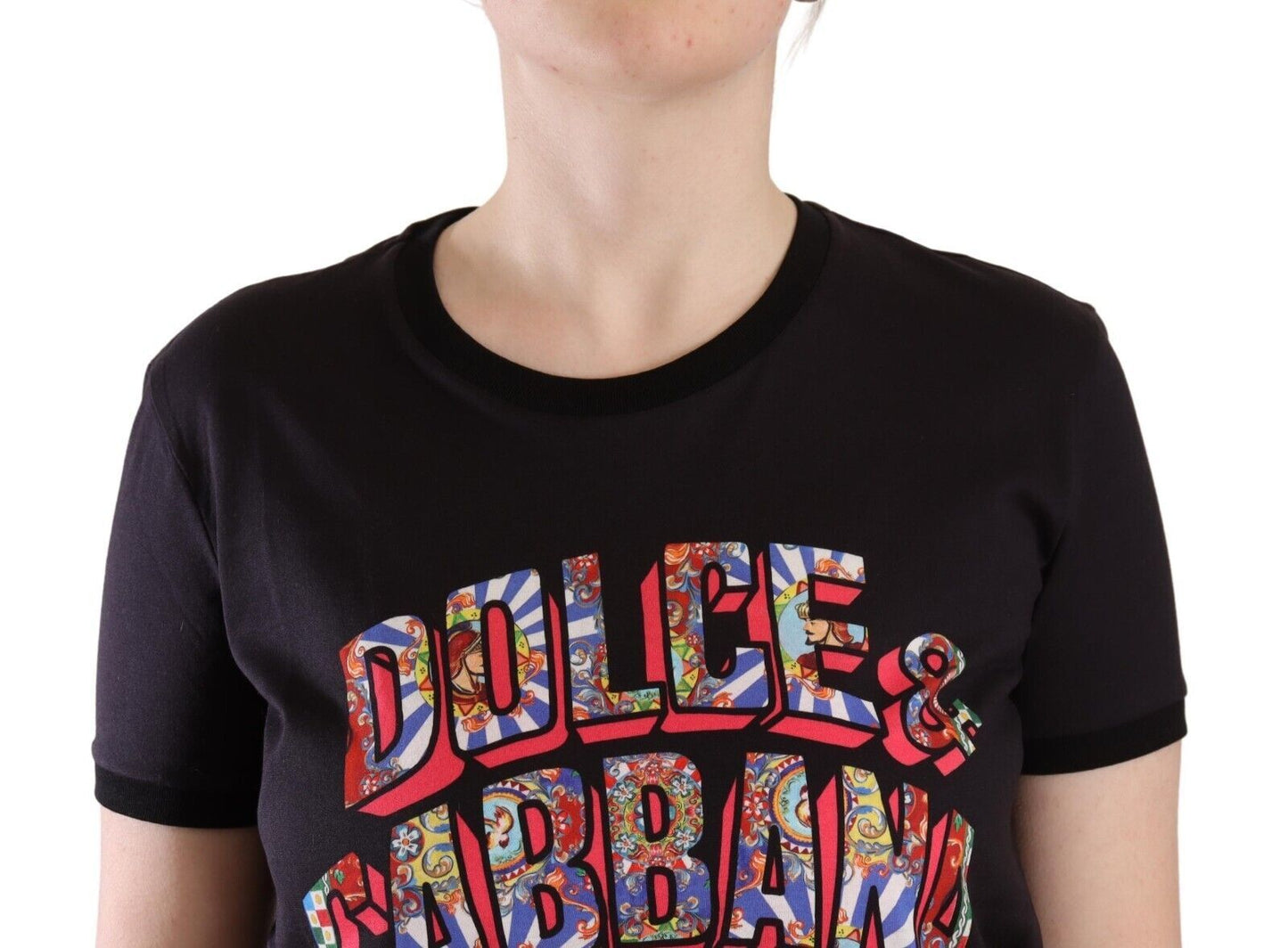 Dolce &amp; Gabbana Black Logo Print Cotton Crew Neck Tee T-shirt