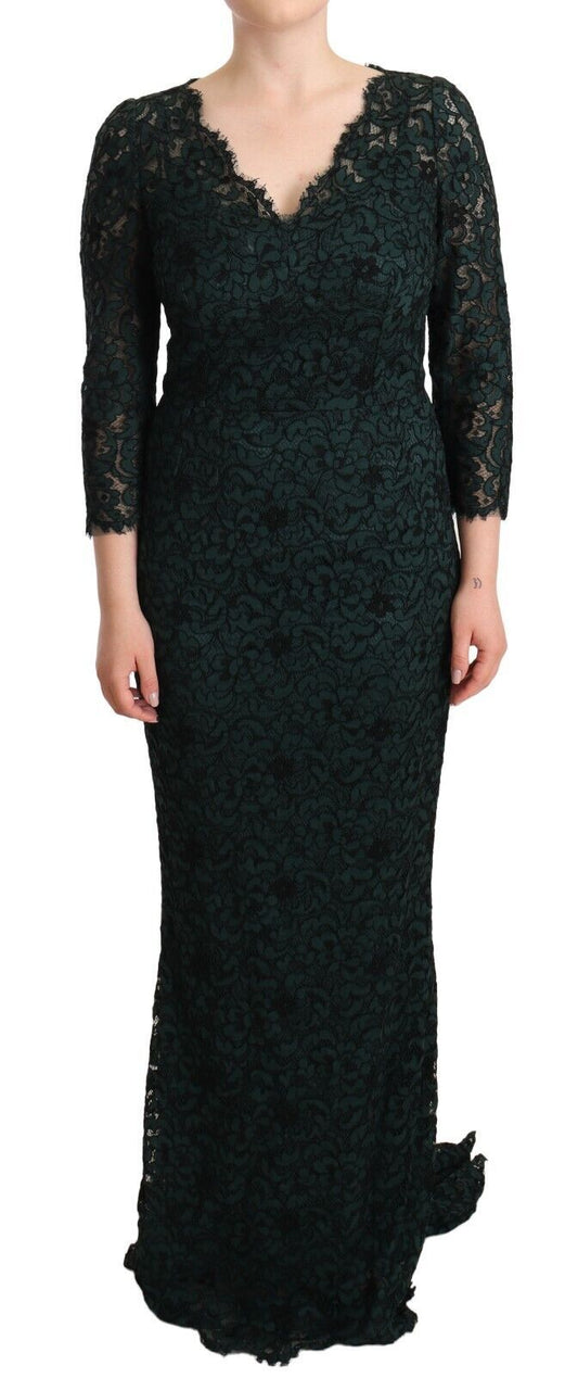 Dolce &amp; Gabbana Green Floral Lace Maxi Floor Length Dress