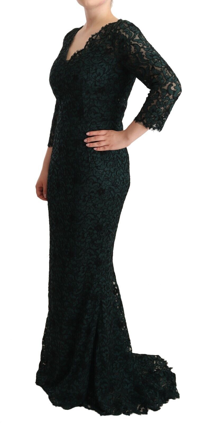 Dolce &amp; Gabbana Green Floral Lace Maxi Floor Length Dress