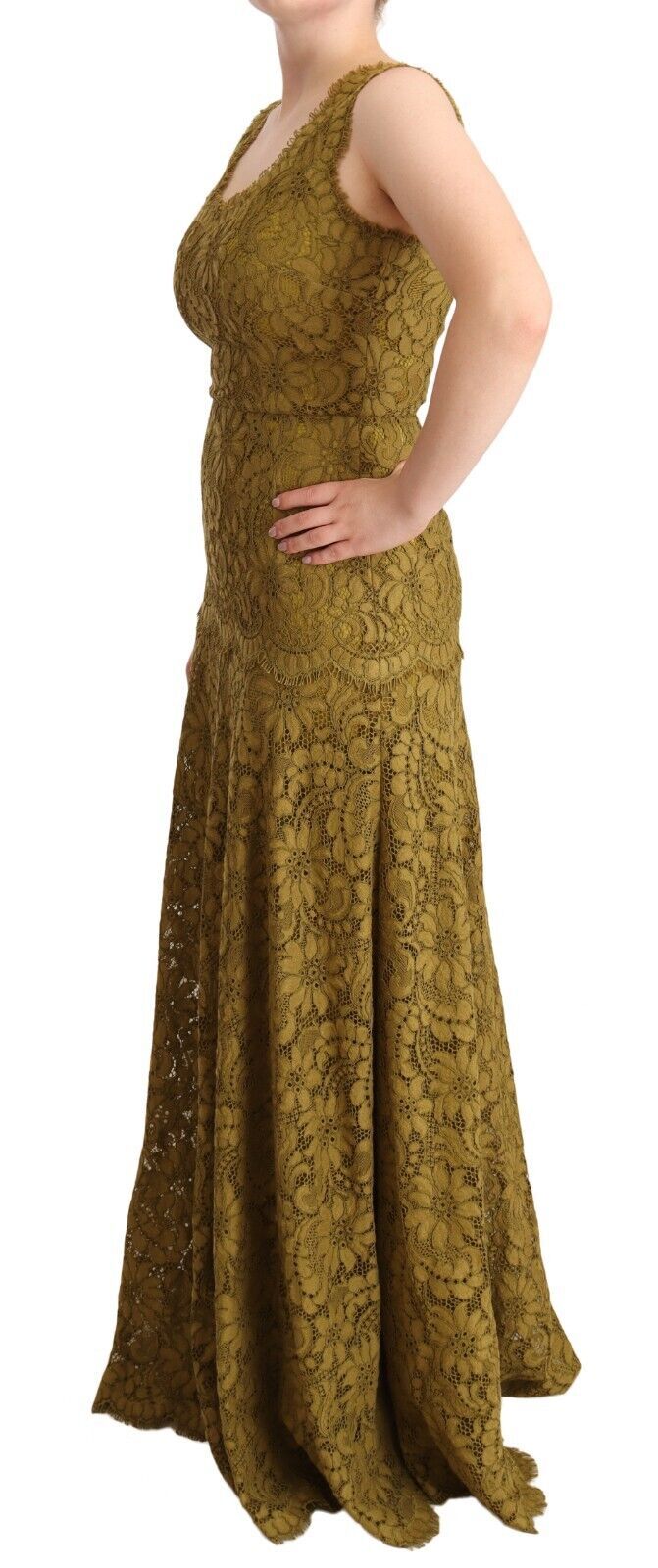 Dolce &amp; Gabbana Brown Floral Lace Maxi Floor Length Dress