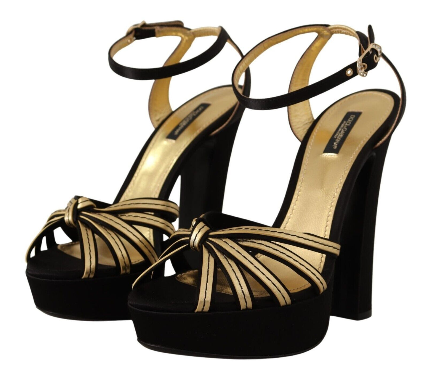 Dolce &amp; Gabbana – Elegante Sandalen mit Knöchelriemen und Absatz in Schwarzgold