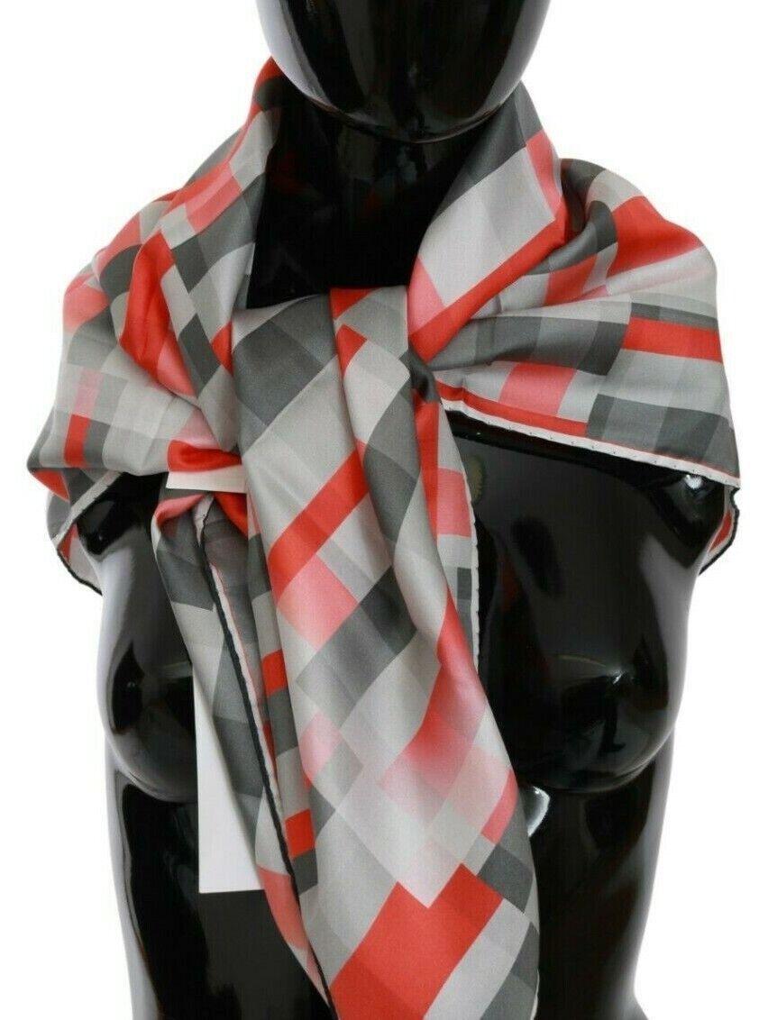 Costume National Gray Red Silk Shawl Foulard Wrap Scarf