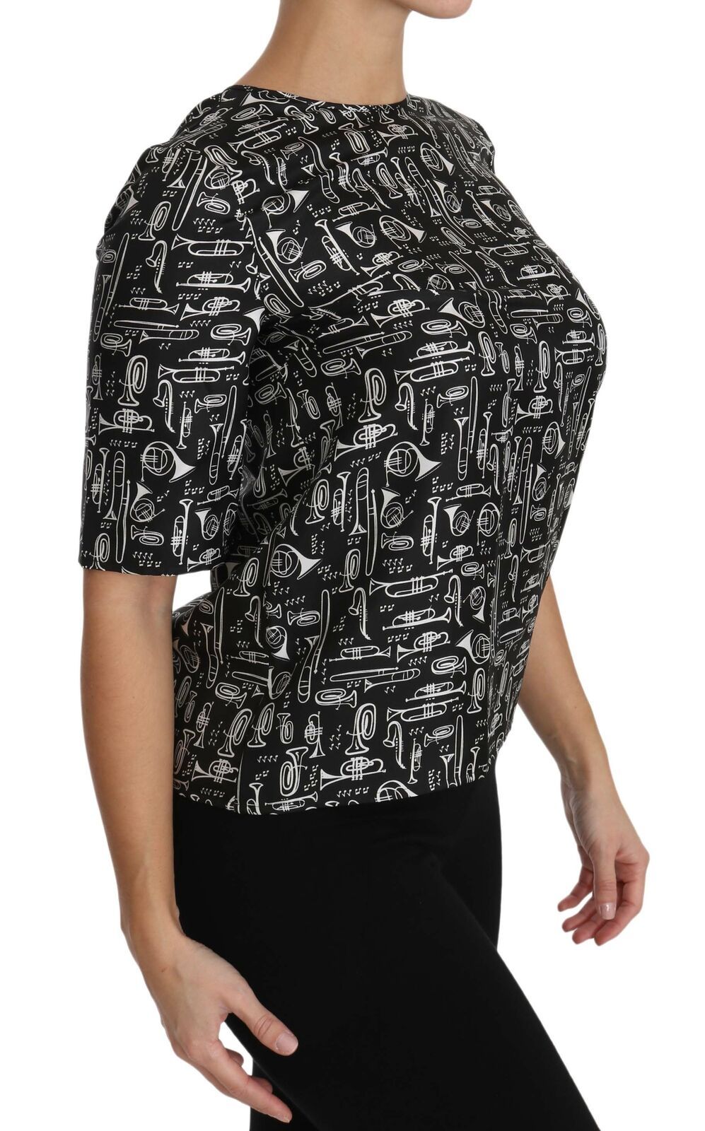 Dolce &amp; Gabbana Black Musical Instruments Print Silk Blouse