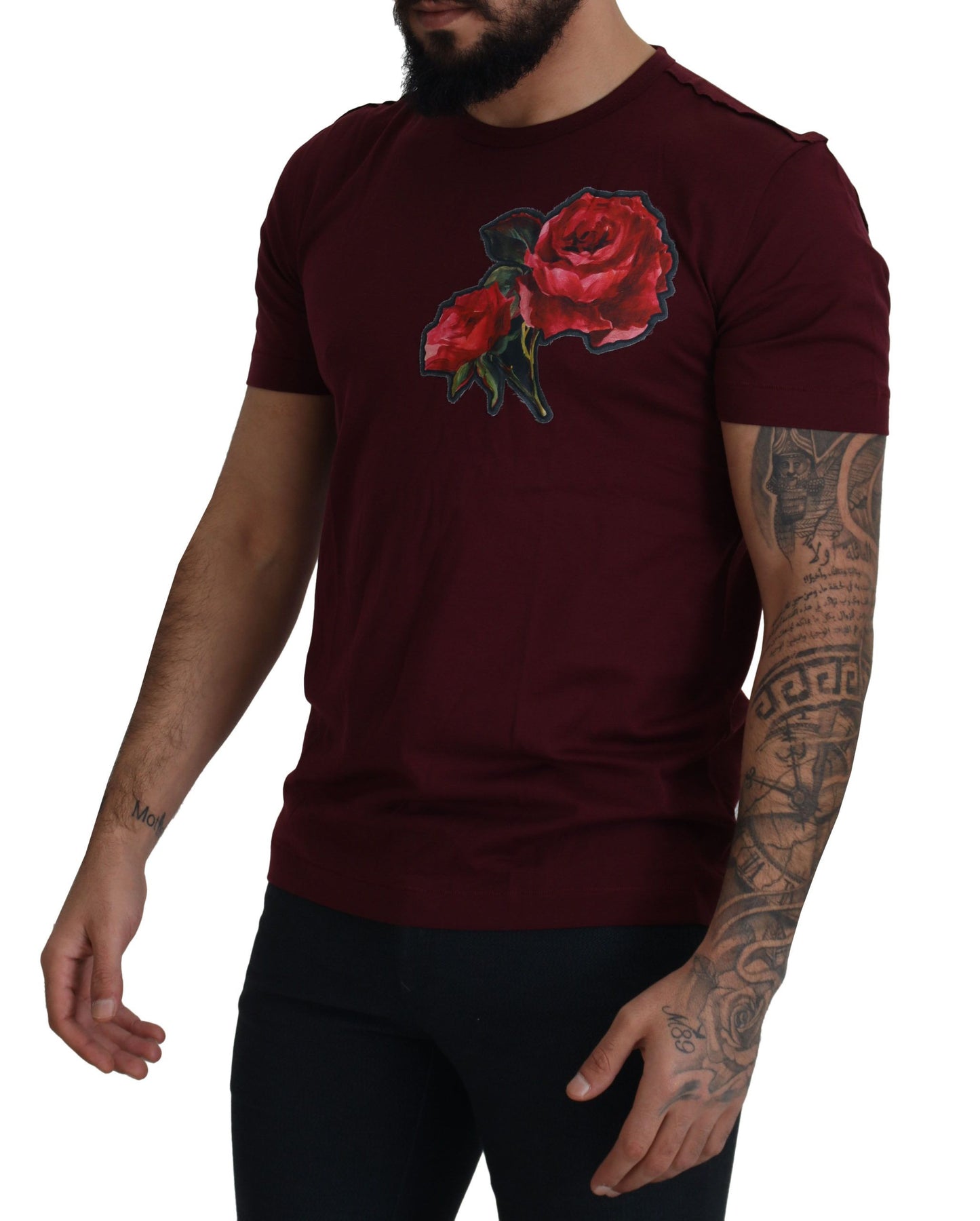 Dolce &amp; Gabbana Elegantes Rundhals-T-Shirt mit Bordeaux-Rosen-Motiv