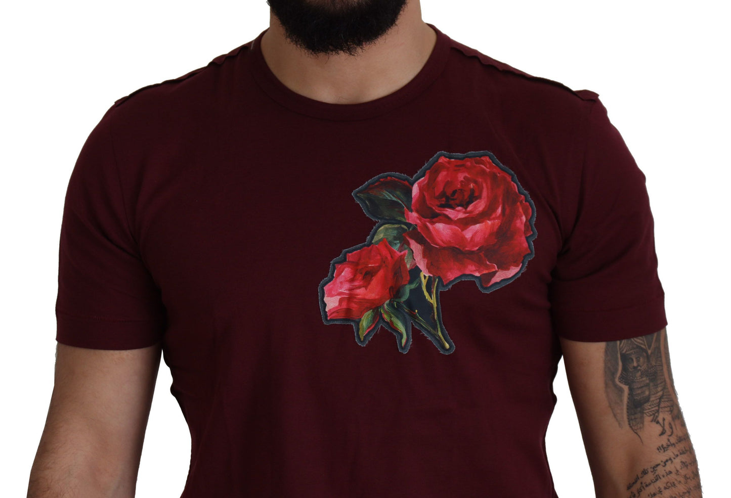 Dolce &amp; Gabbana Elegantes Rundhals-T-Shirt mit Bordeaux-Rosen-Motiv