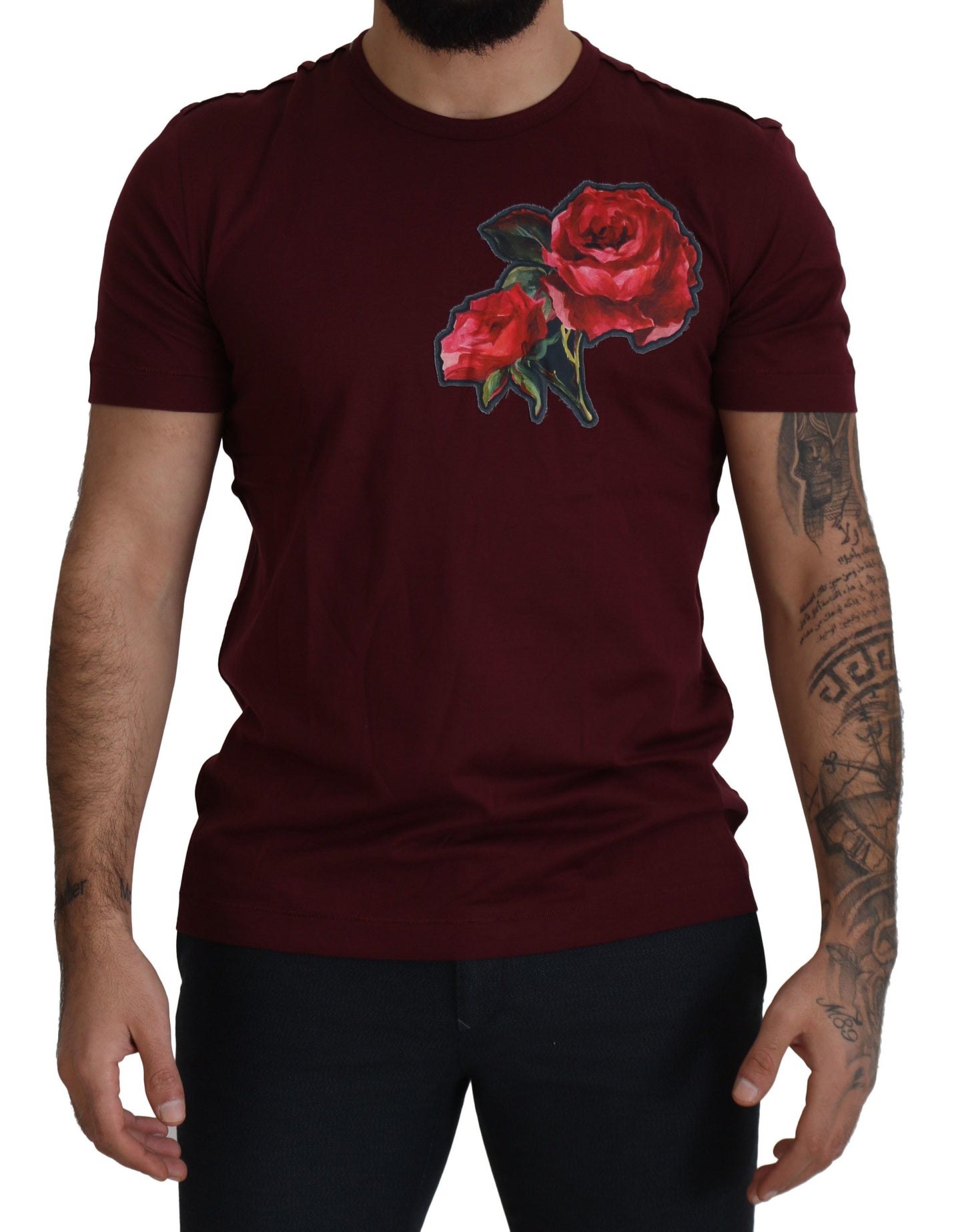 Dolce &amp; Gabbana Elegantes Rundhals-T-Shirt mit Bordeaux-Rosen-Motiv