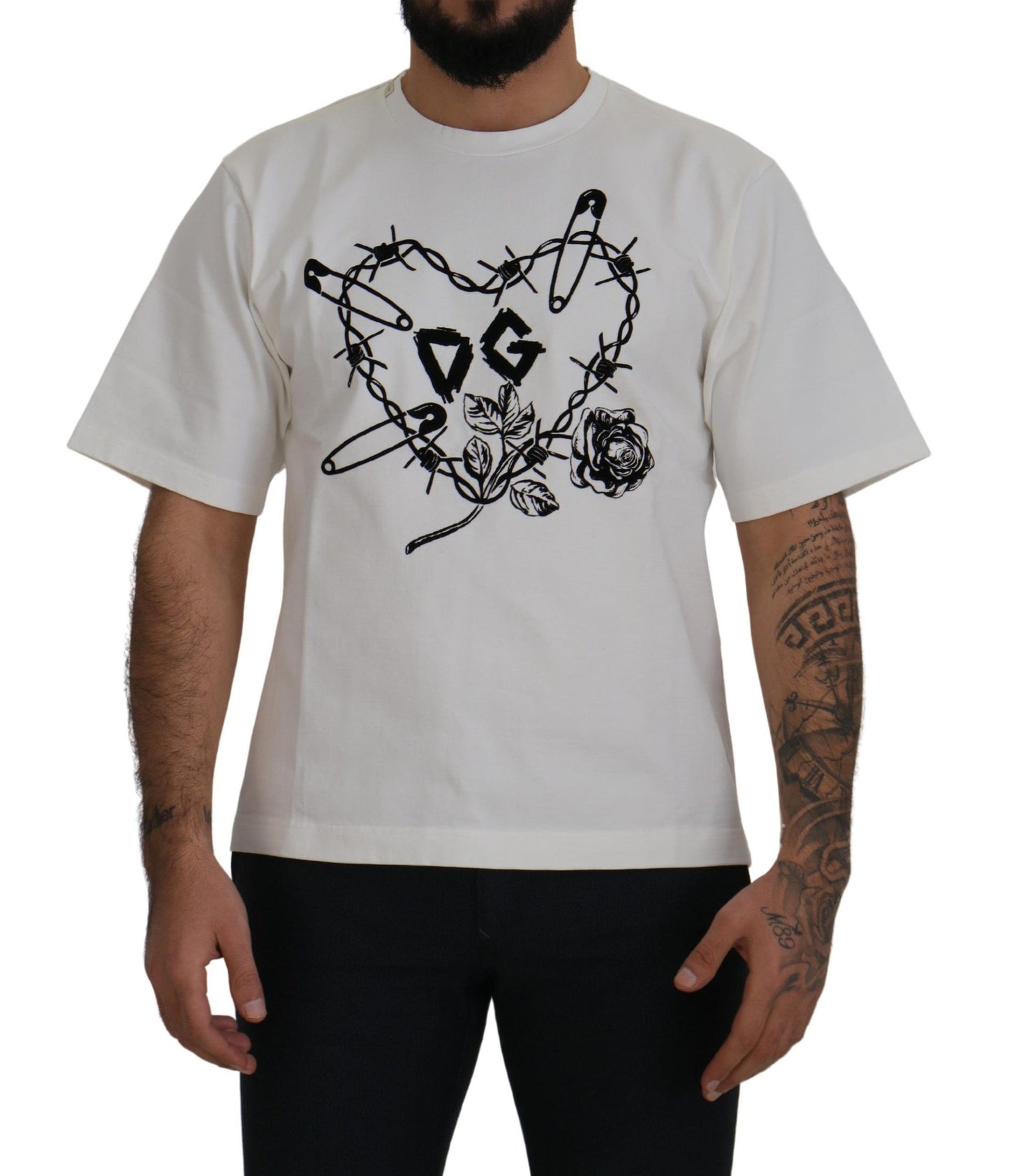 Dolce &amp; Gabbana Elegantes T-Shirt mit Rundhalsausschnitt und weißen Herz-Rosen