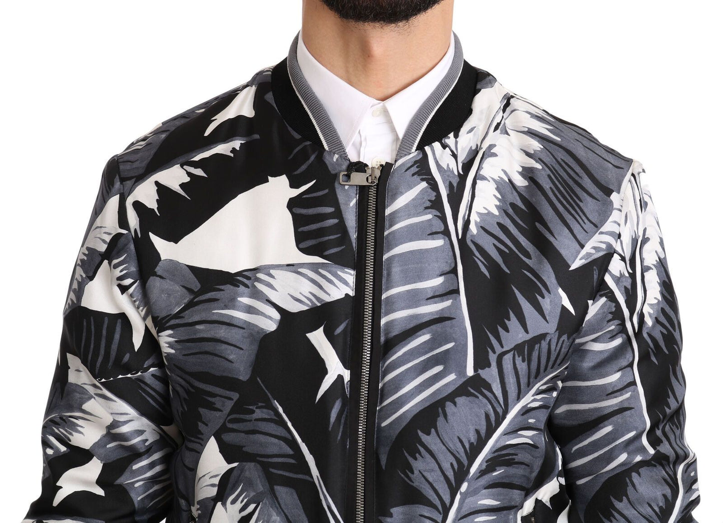 Dolce &amp; Gabbana Black Silk Banana Leaf Print Bomber Jacket