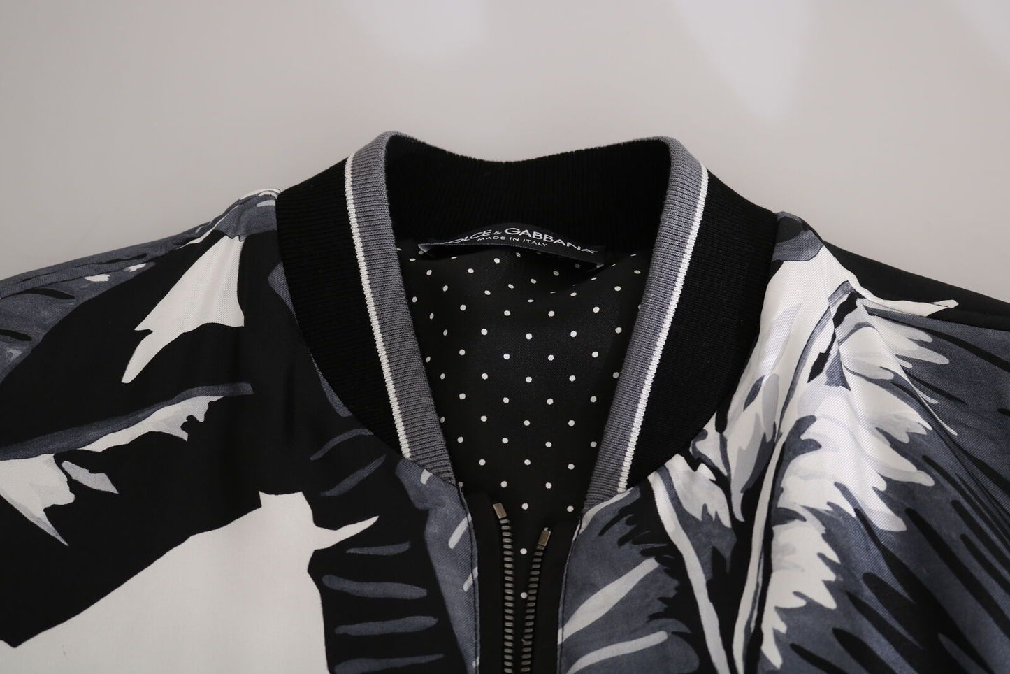 Dolce &amp; Gabbana Black Silk Banana Leaf Print Bomber Jacket