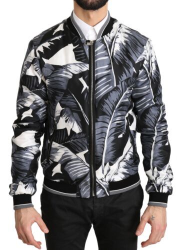 Dolce &amp; Gabbana Black Silk Banana Leaf Print Bomber Jacket