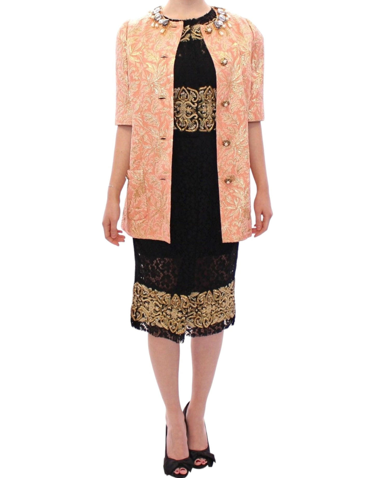 Dolce &amp; Gabbana Pink Silk Brocade Crystal Jacket Coat