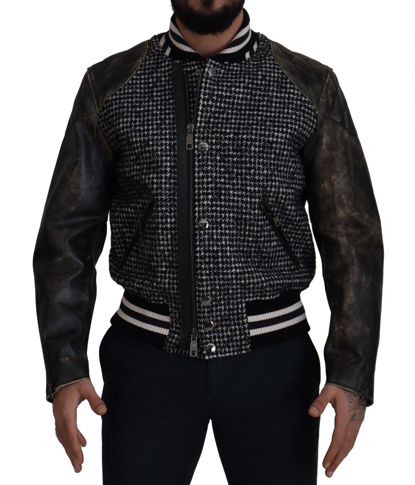 Dolce &amp; Gabbana Black Houndstooth Polyester Bomber Jacket