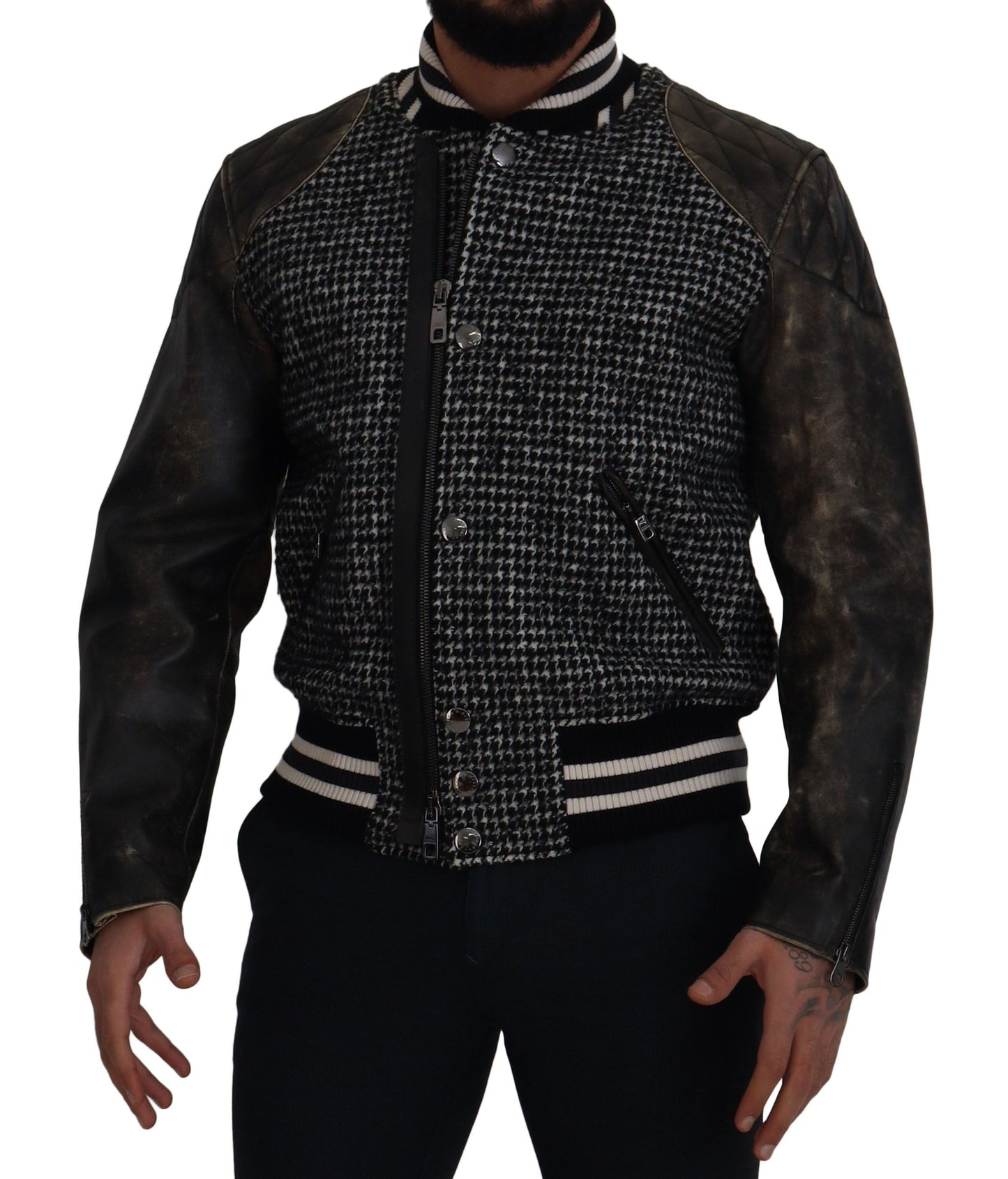 Dolce &amp; Gabbana Black Houndstooth Polyester Bomber Jacket