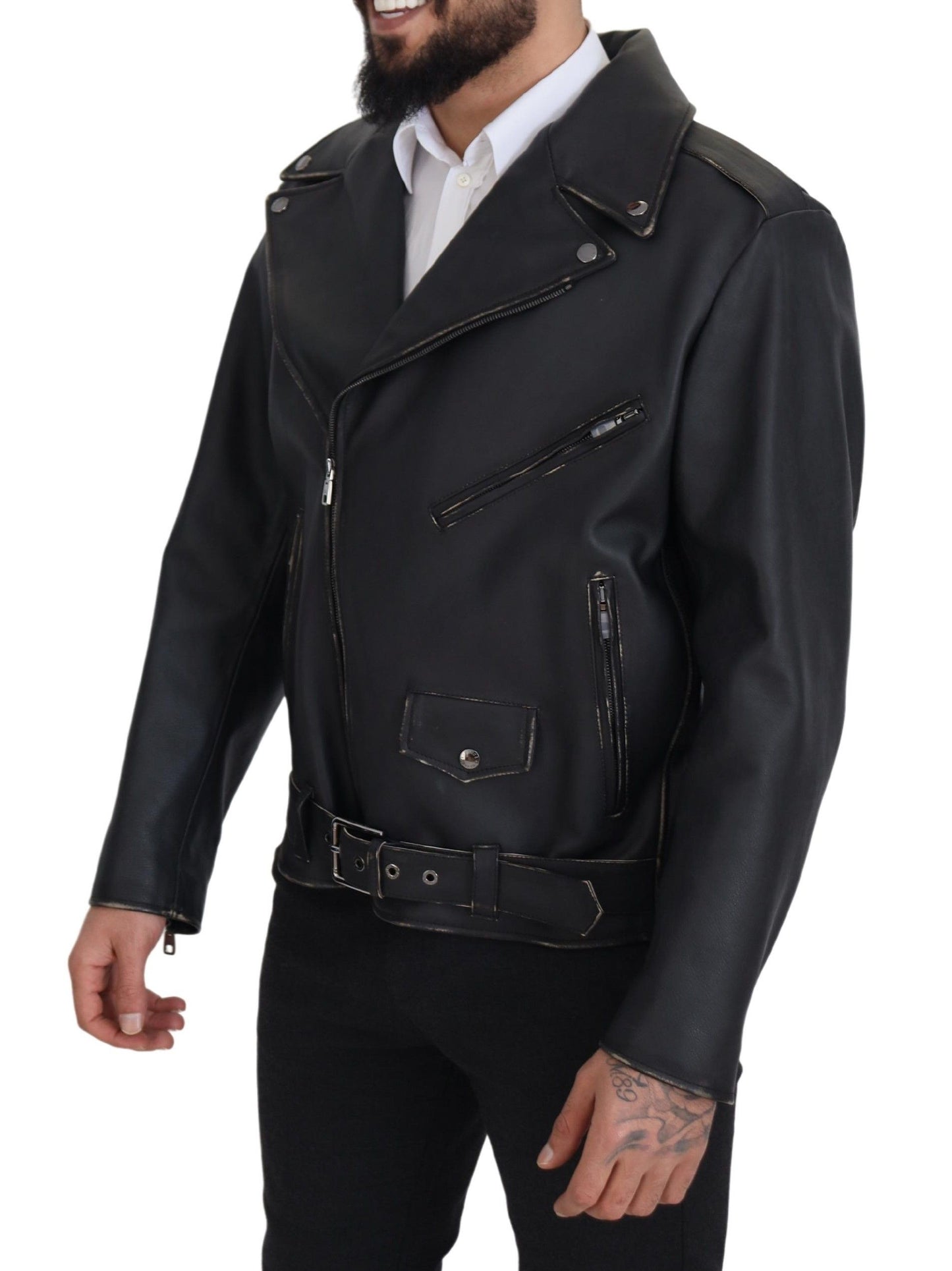 Dolce &amp; Gabbana Black Leather Biker Coat Zipper Jacket