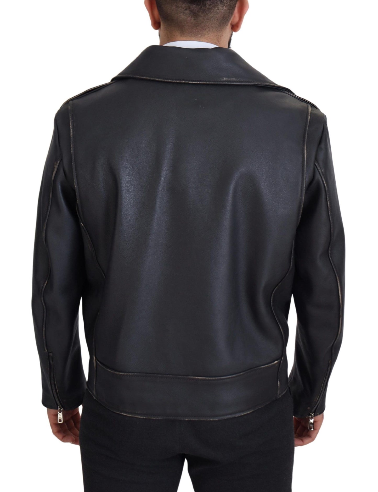 Dolce &amp; Gabbana Black Leather Biker Coat Zipper Jacket