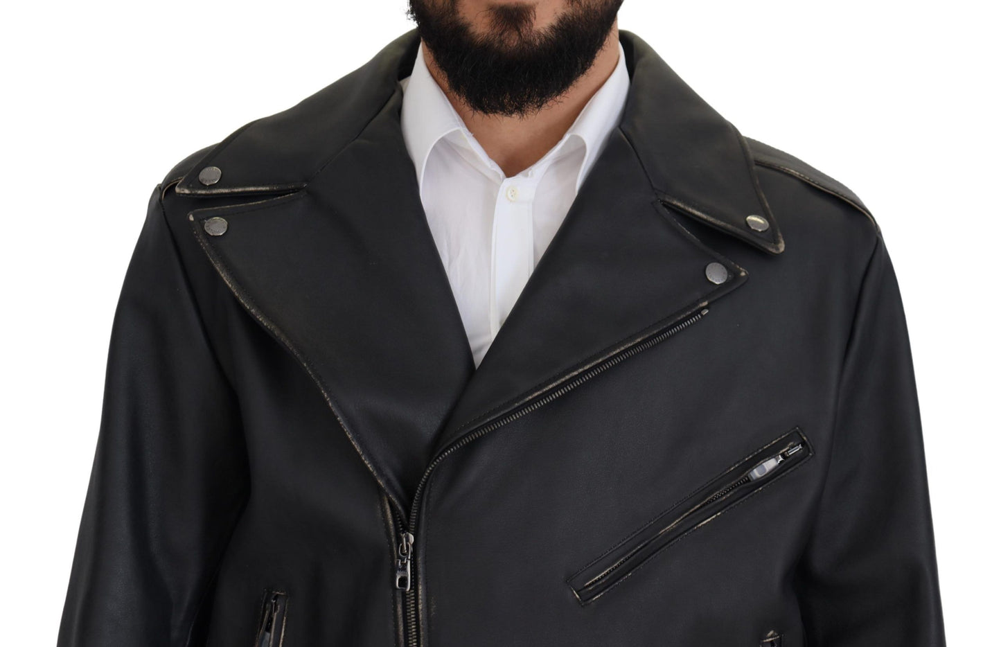 Dolce &amp; Gabbana Black Leather Biker Coat Zipper Jacket