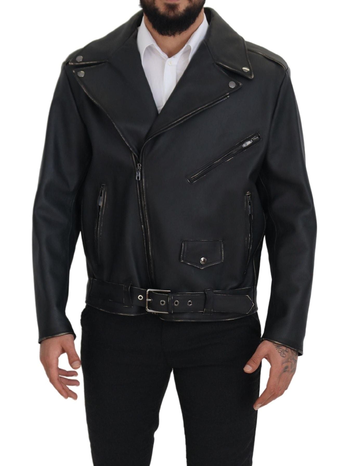 Dolce &amp; Gabbana Black Leather Biker Coat Zipper Jacket