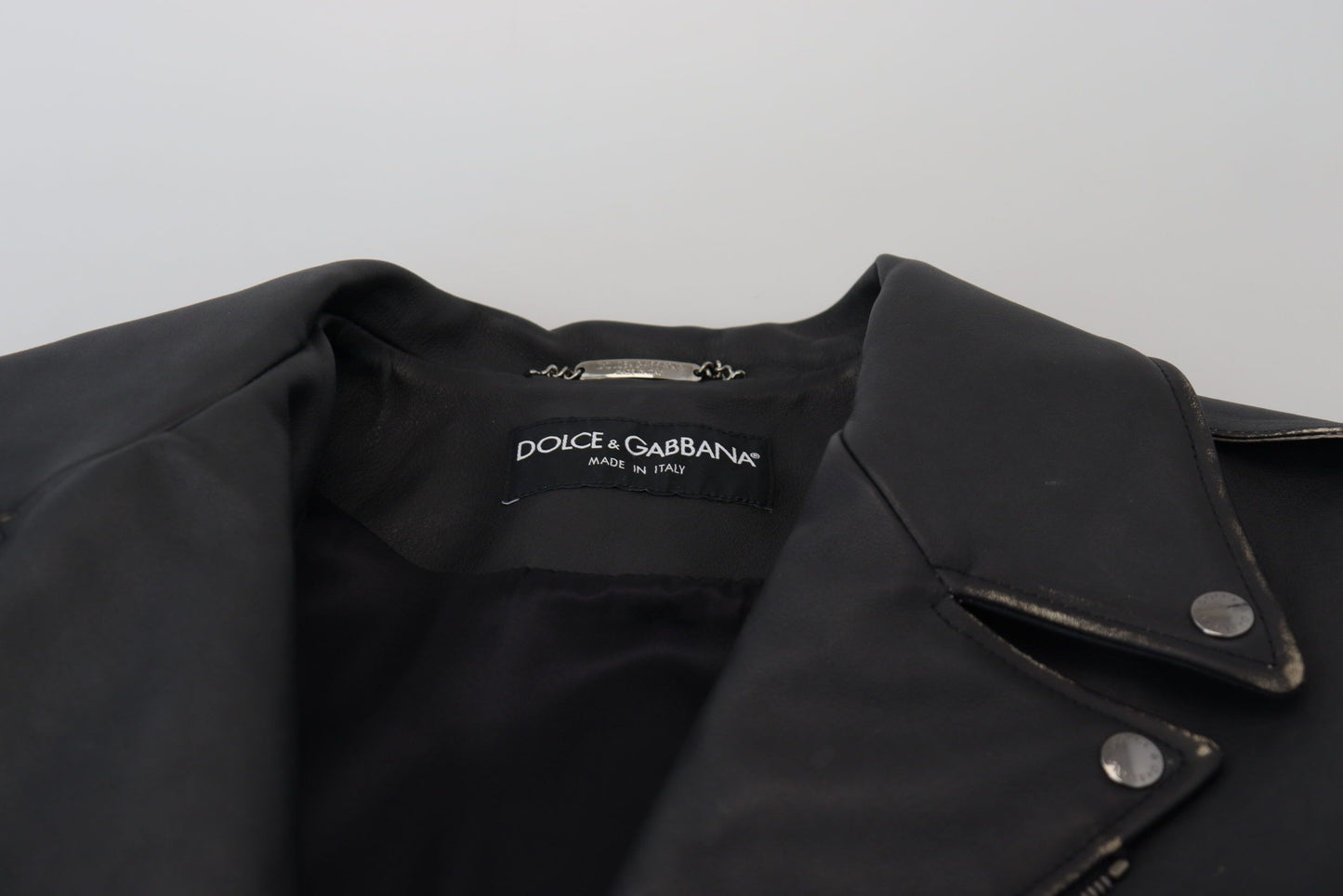 Dolce &amp; Gabbana Black Leather Biker Coat Zipper Jacket