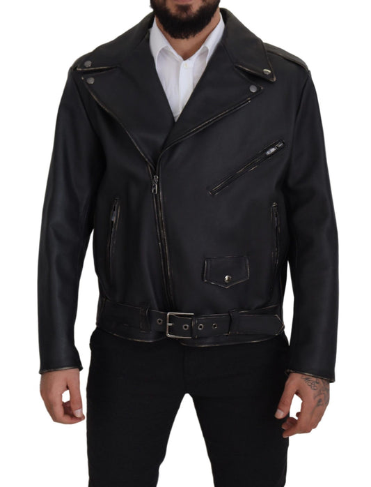 Dolce &amp; Gabbana Black Leather Biker Coat Zipper Jacket