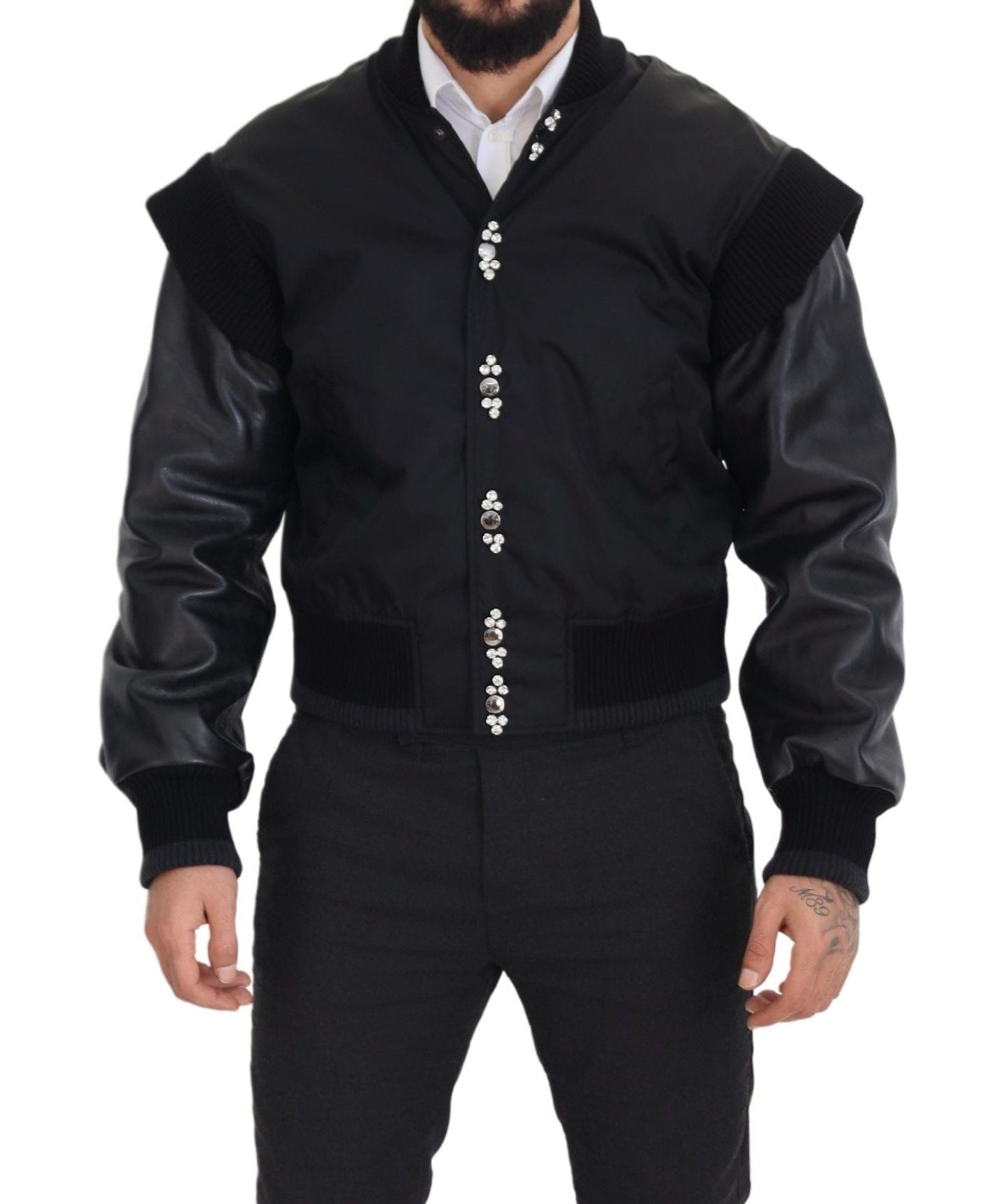 Dolce &amp; Gabbana Black Nylon Crystals Coat Buttons Jacket