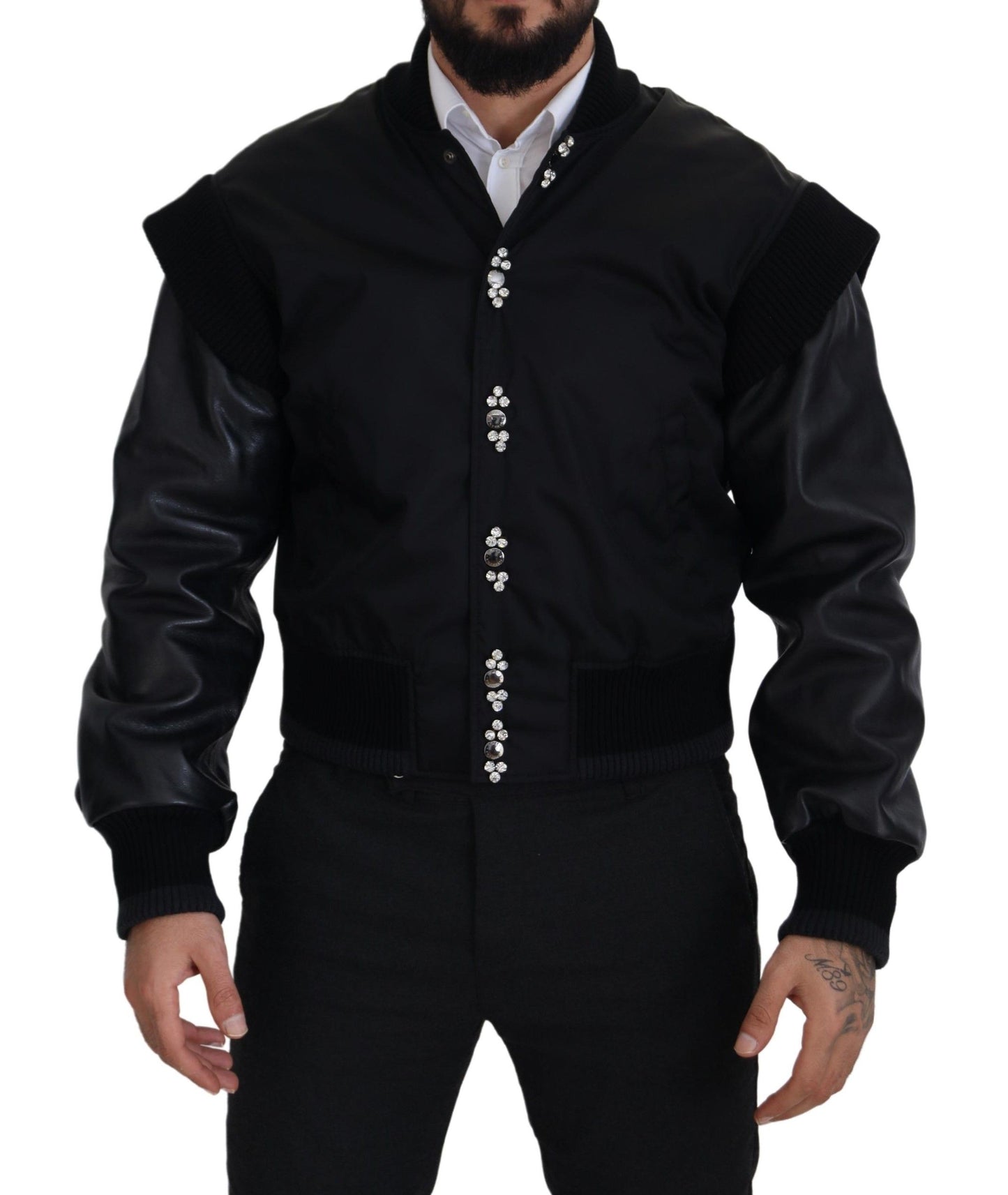 Dolce &amp; Gabbana Black Nylon Crystals Coat Buttons Jacket