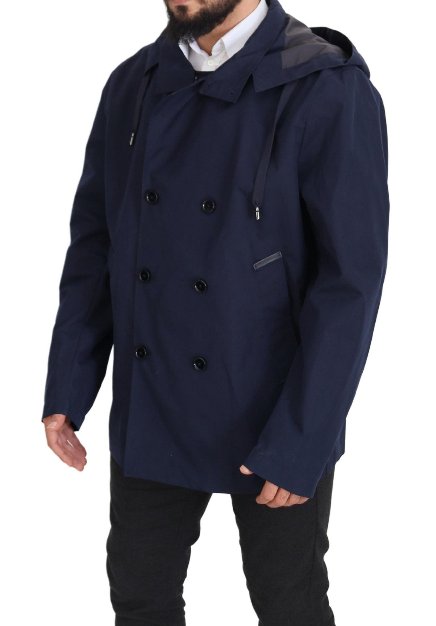 Dolce &amp; Gabbana Blue Hooded Double Breasted Coat Jacket