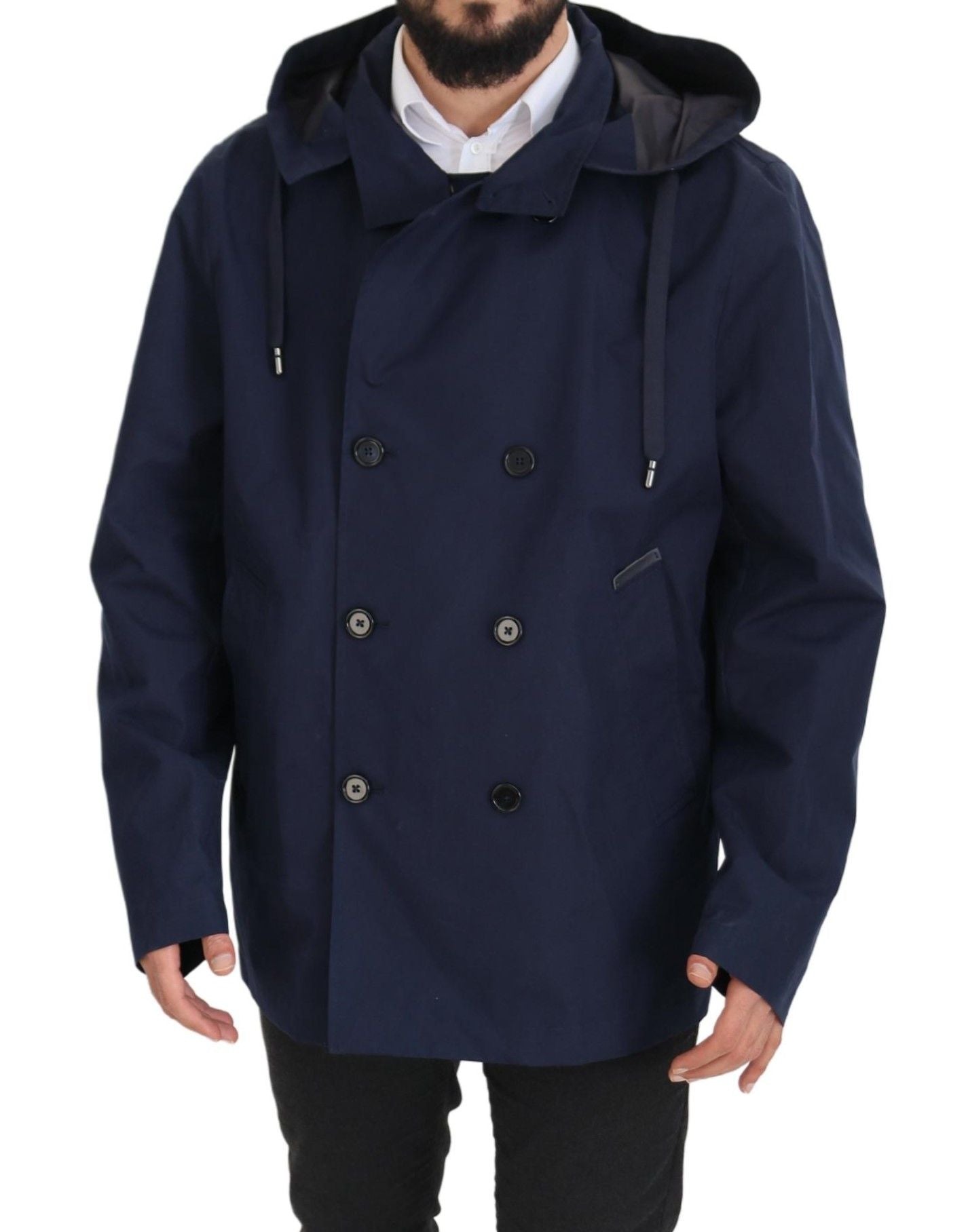 Dolce &amp; Gabbana Blue Hooded Double Breasted Coat Jacket