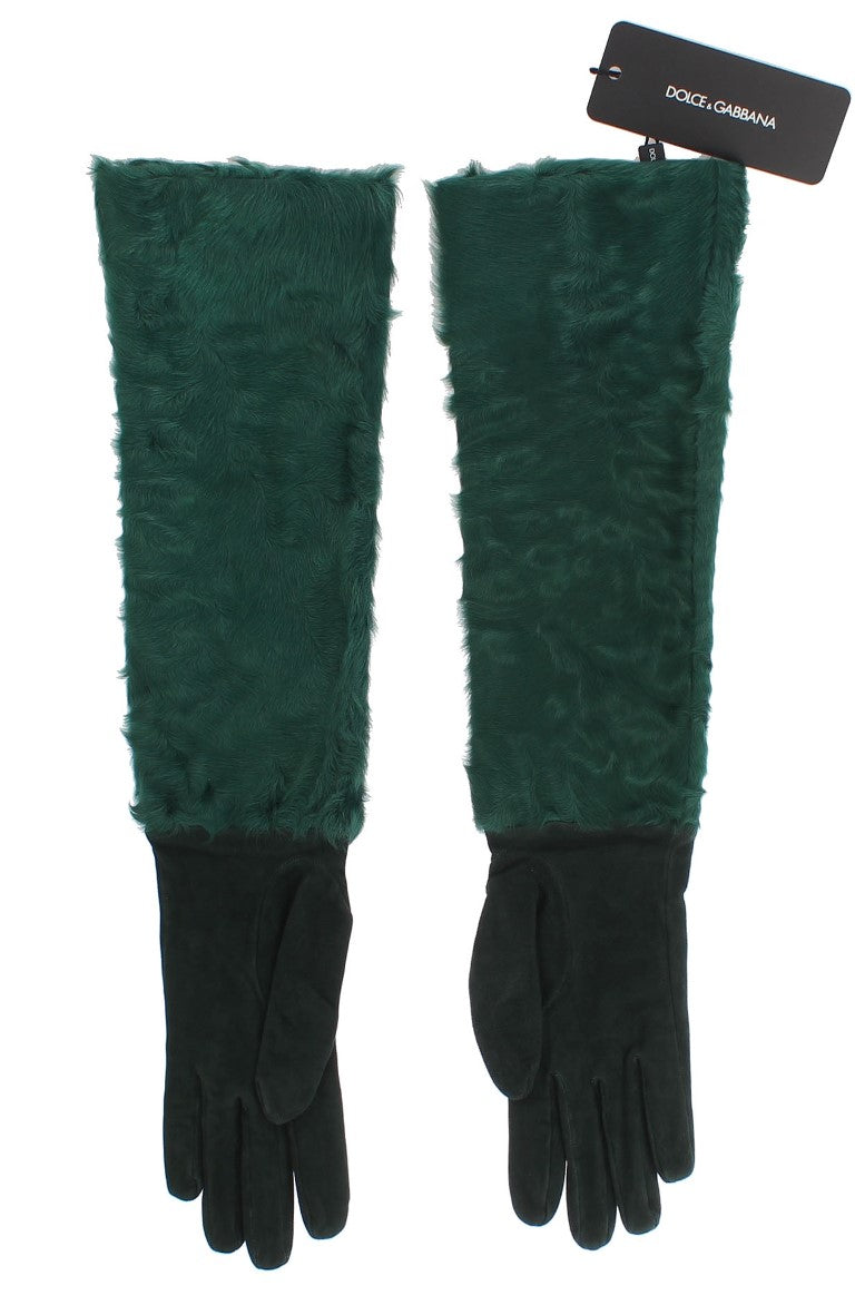 Dolce &amp; Gabbana Green Leather Xiangao Fur Elbow Gloves