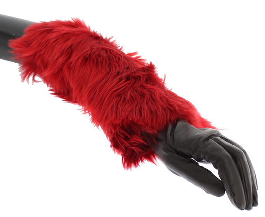 Dolce &amp; Gabbana Brown Leather Red Fur Elbow Gloves