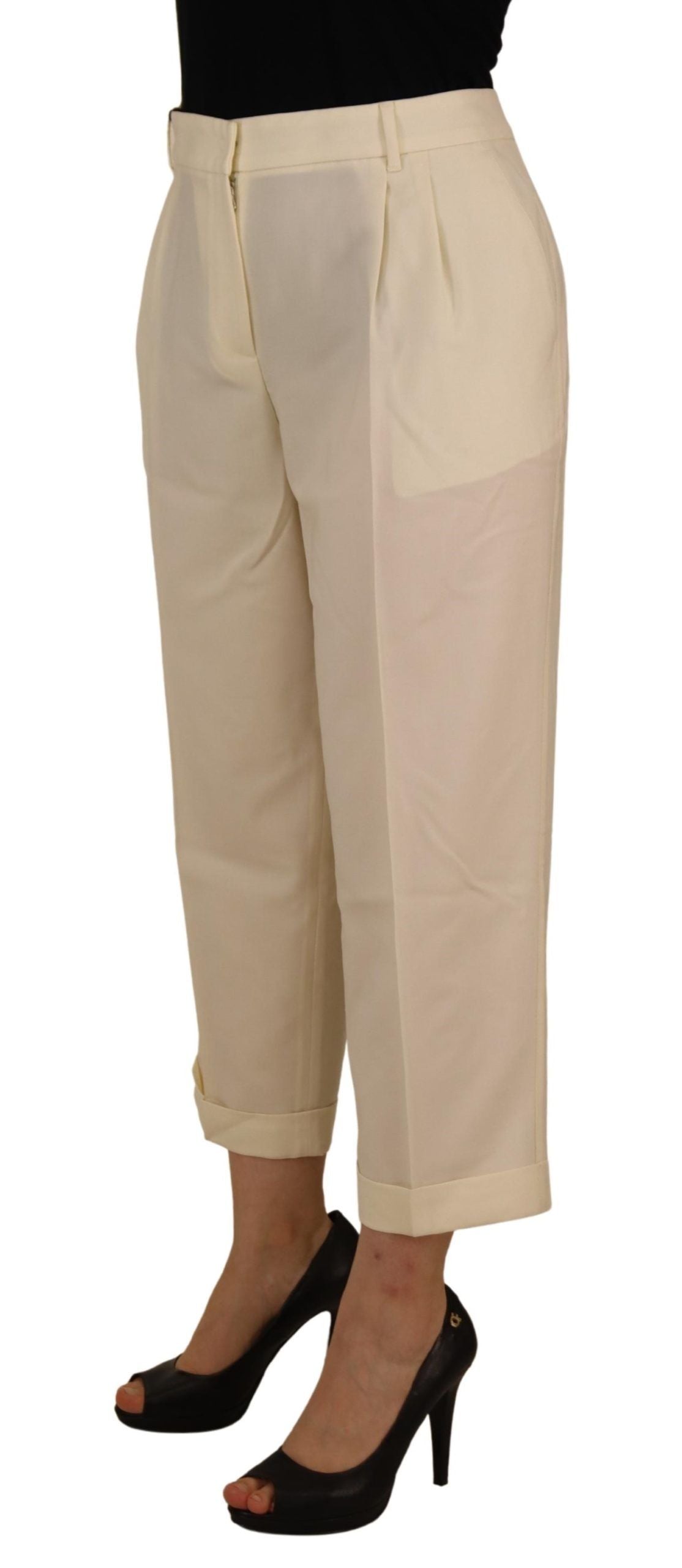 Dolce &amp; Gabbana Elegante elfenbeinfarbene Wollhose mit hoher Taille