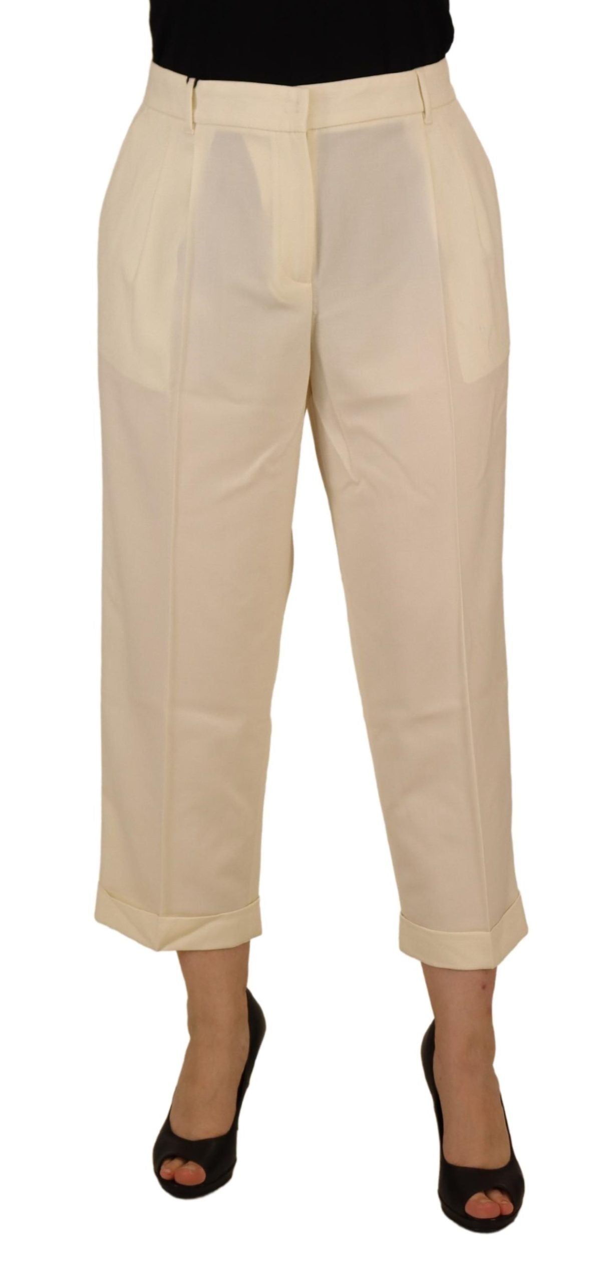 Dolce &amp; Gabbana Elegante elfenbeinfarbene Wollhose mit hoher Taille